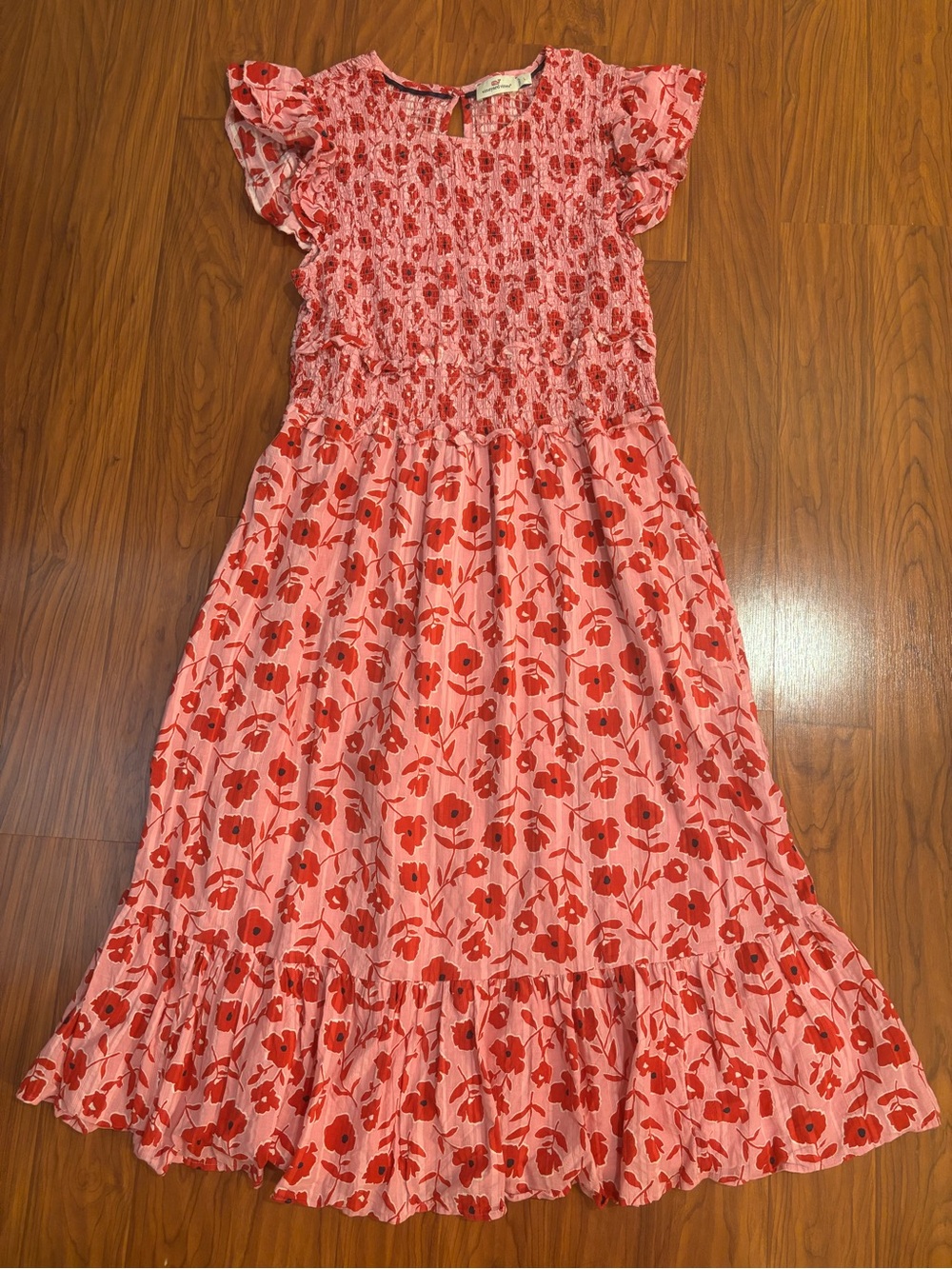 Vineyard Vines Smocked Pink Dress with Red Floral Print Womens Large